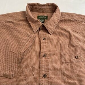 Eddie Bauer Button Down Shirt Short Sleeve Collar Orange/Tan Grid Men’s 3XL Tall